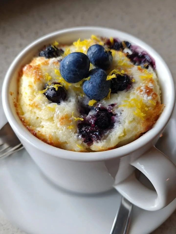 Blueberry Lemon Cottage Cheese Mug Cake served in a white mug on a wooden table.