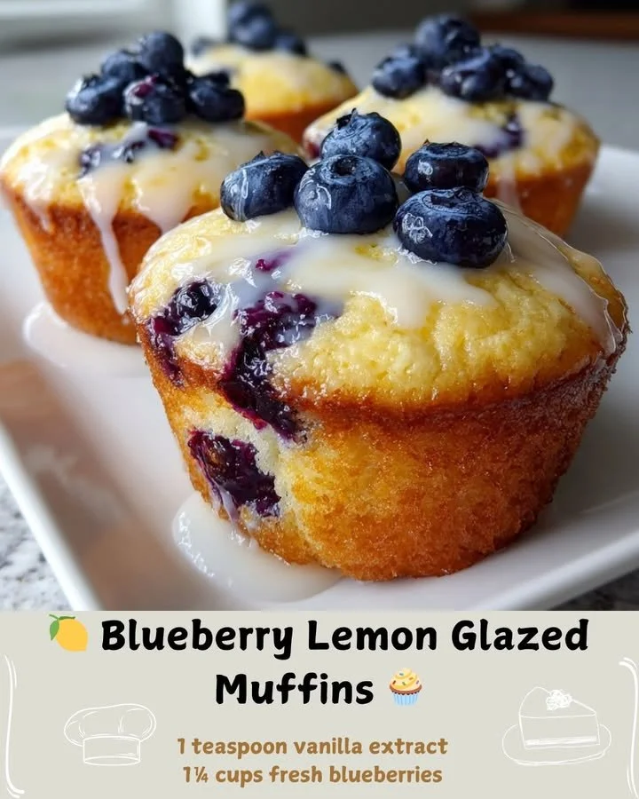 Freshly baked blueberry lemon glazed muffins on a cooling rack