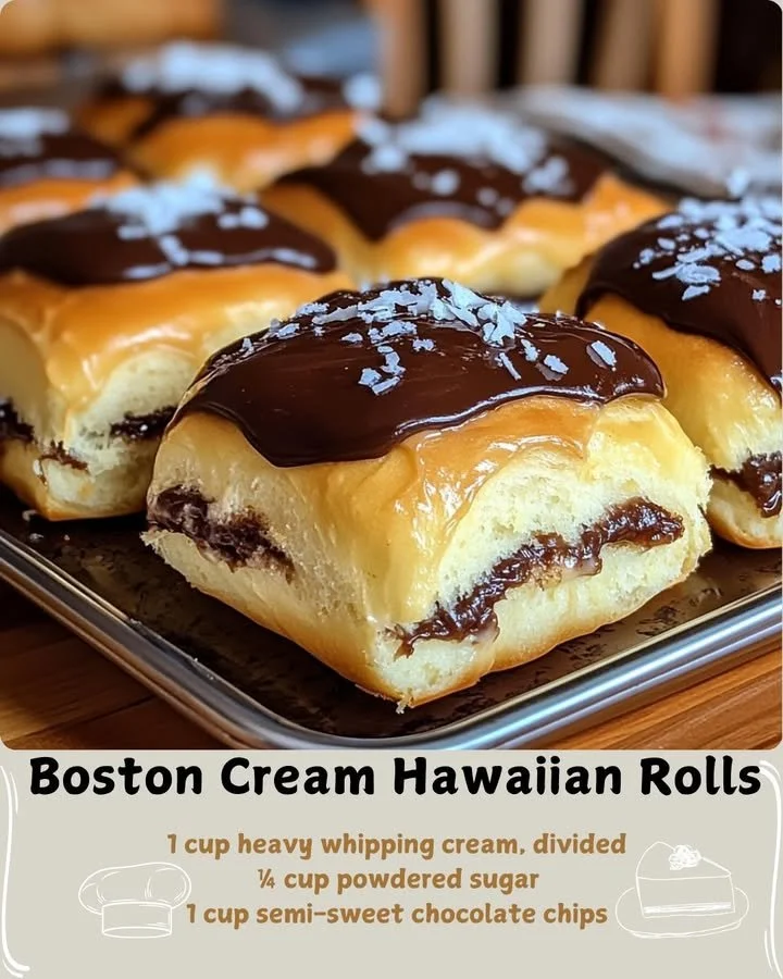 Boston Cream Hawaiian Rolls topped with chocolate glaze and filled with cream