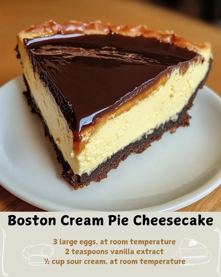 Delicious Boston Cream Pie Cheesecake topped with chocolate ganache and whipped cream