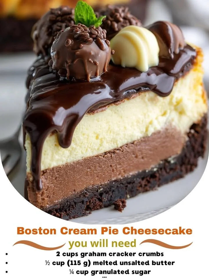 Boston Cream Pie Cheesecake topped with chocolate ganache