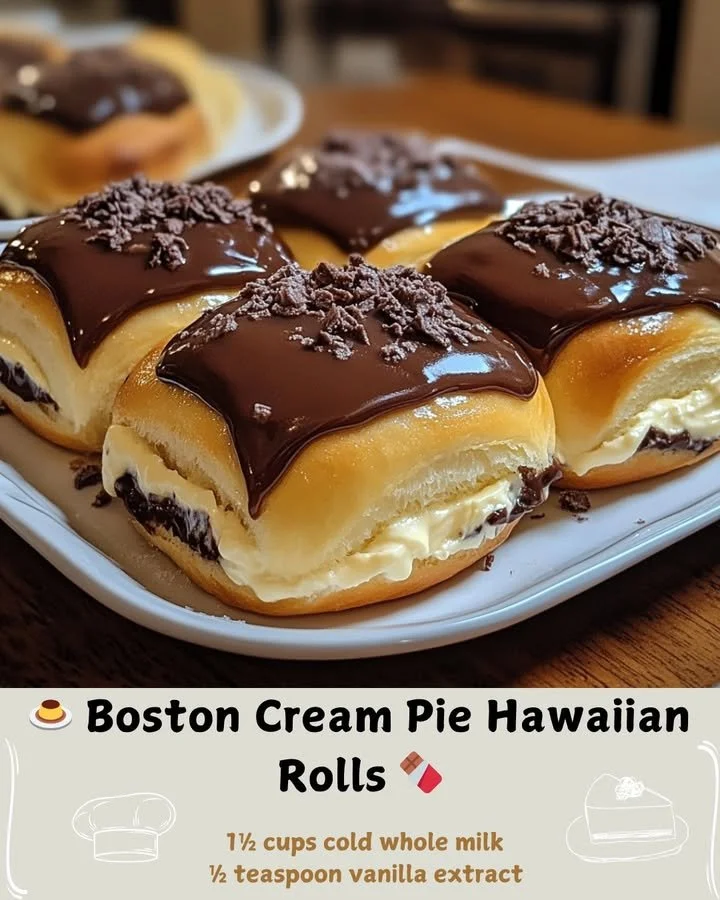 Boston Cream Pie Hawaiian Rolls topped with chocolate and cream filling