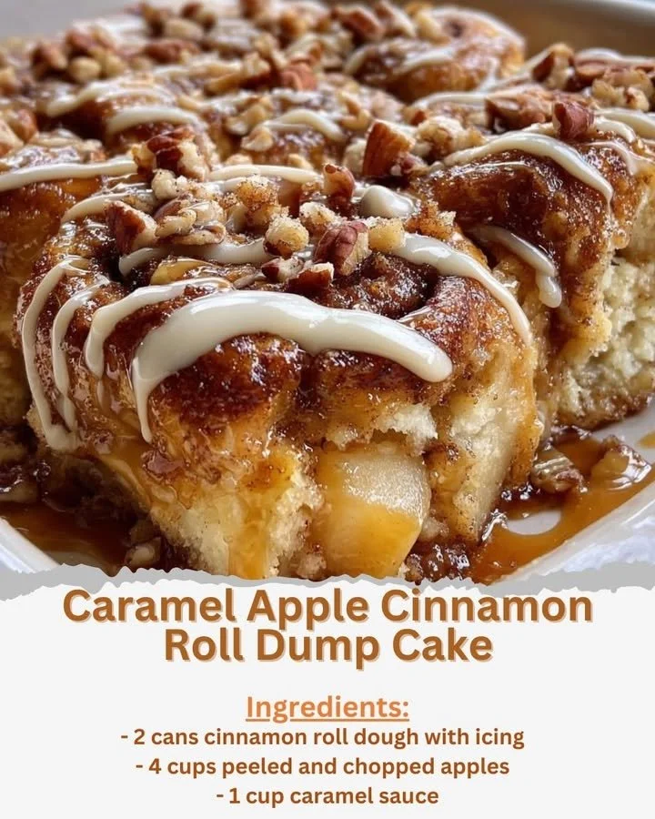Caramel apple cinnamon roll dump cake topped with caramel drizzle