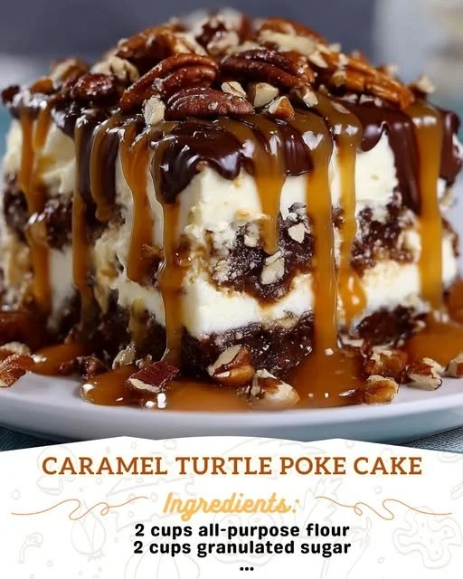 Delicious Caramel Turtle Poke Cake topped with caramel and chocolate drizzle