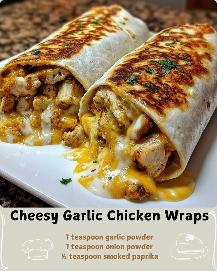 Cheesy garlic chicken wraps filled with juicy chicken and melted cheese.