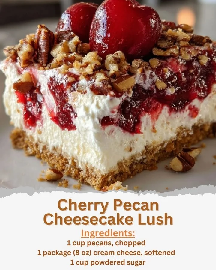 Delicious Cherry Pecan Cheesecake Lush topped with cherries and pecans