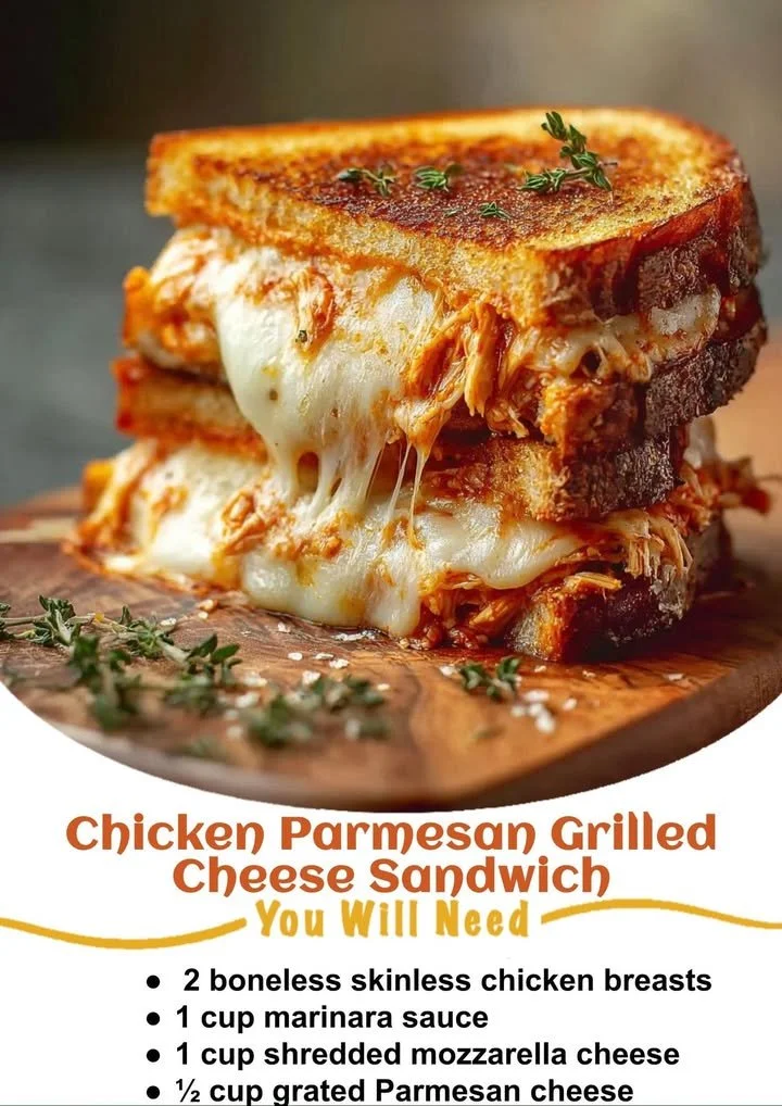 Chicken Parmesan Grilled Cheese Sandwich with melted cheese and marinara sauce