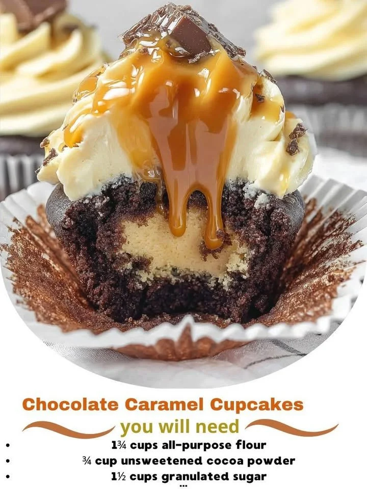 Decadent chocolate caramel cupcakes with creamy caramel drizzle on top.