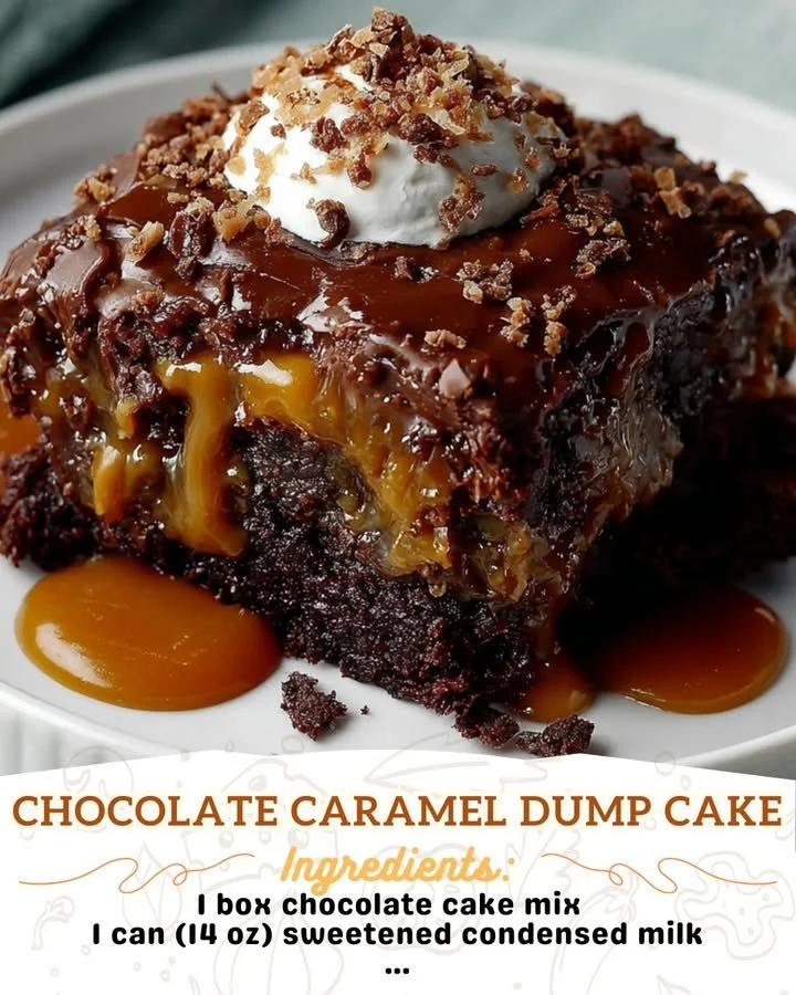Delicious Chocolate Caramel Dump Cake topped with melted chocolate and caramel drizzle.