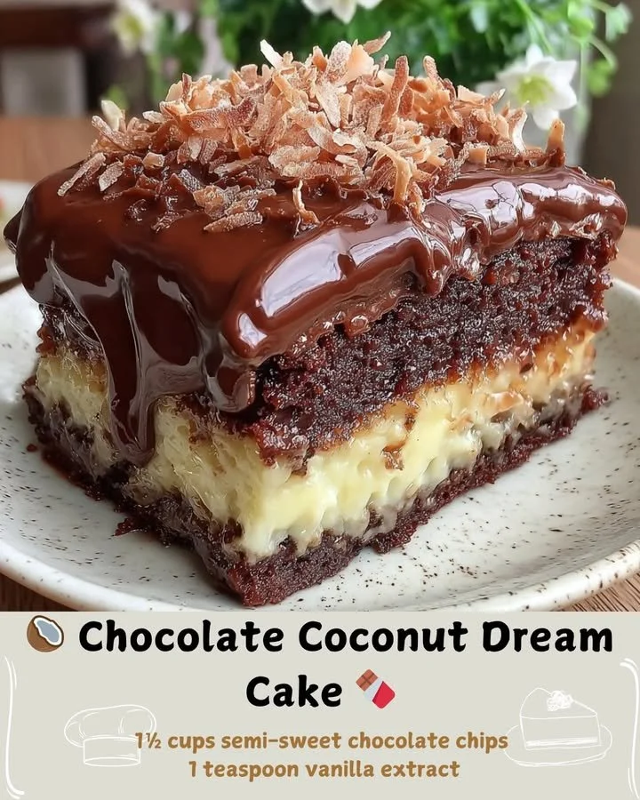 Sliced Chocolate Coconut Dream Cake with chocolate frosting and coconut flakes on top
