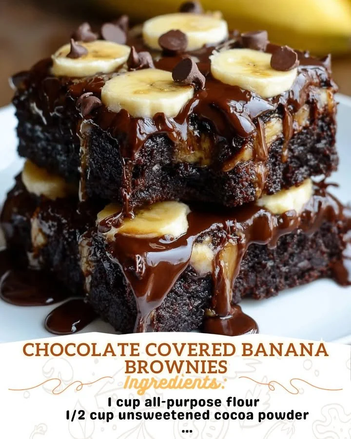 Chocolate covered banana brownies topped with melted chocolate
