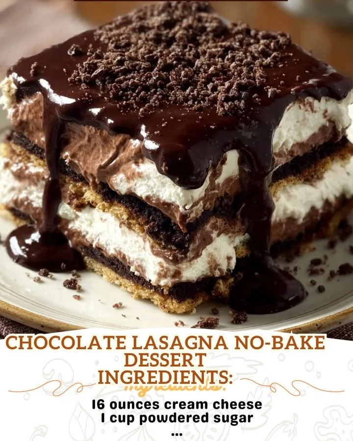 No-bake chocolate lasagna dessert with layers of chocolate and graham cracker crust.
