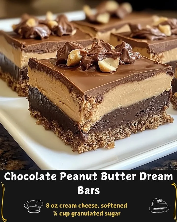 Delicious Chocolate Peanut Butter Dream Bars topped with chocolate drizzle