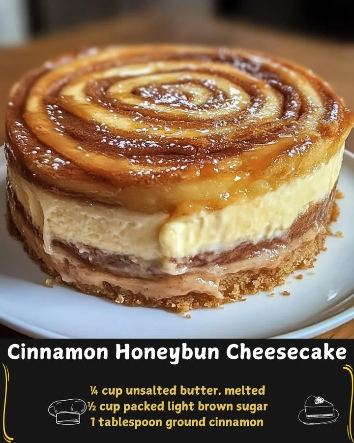 Delicious Cinnamon Honeybun Cheesecake topped with cinnamon swirl