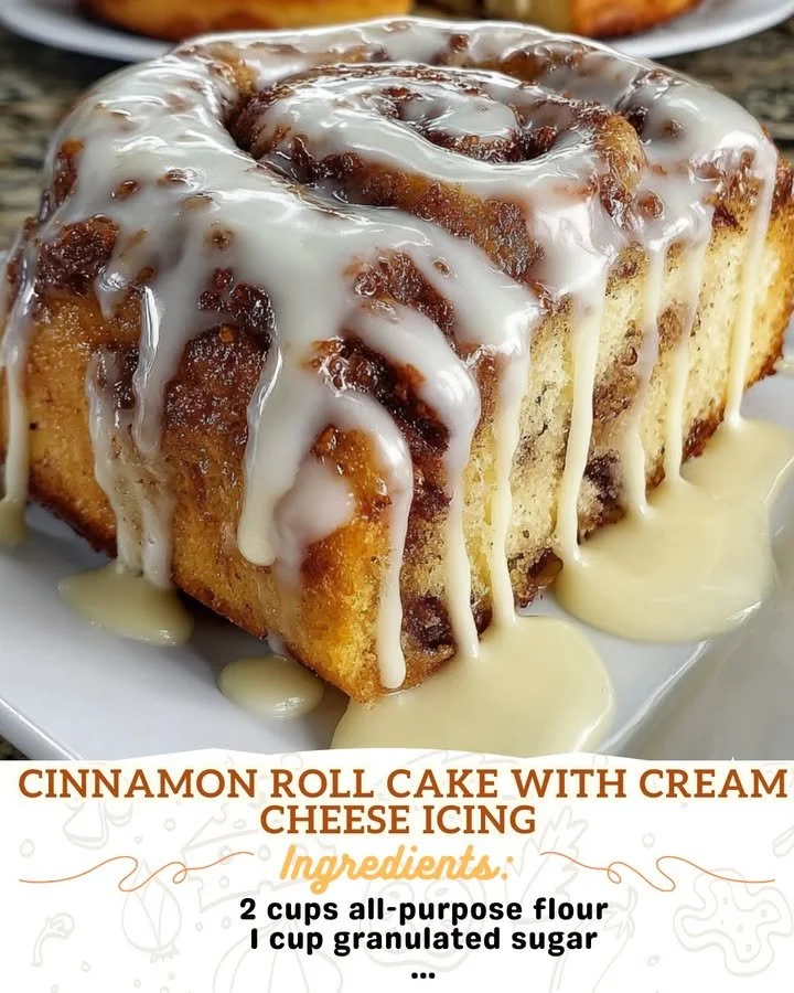 Delicious Cinnamon Roll Cake topped with cream cheese icing on a plate