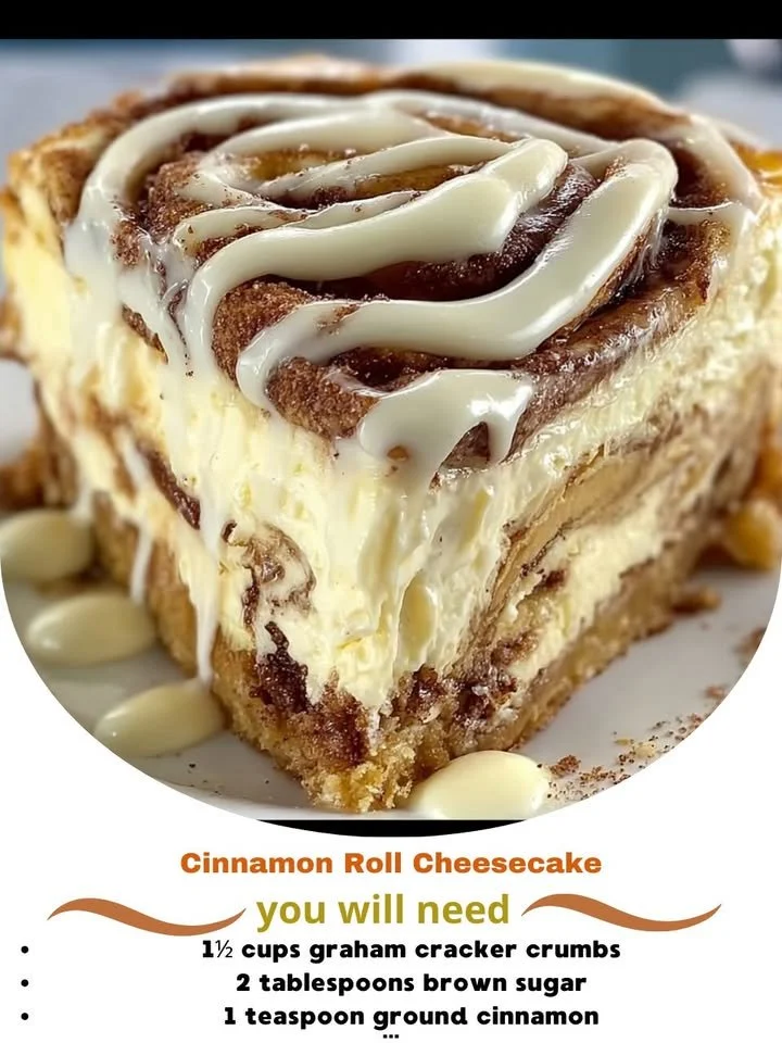 Delicious cinnamon roll cheesecake topped with cinnamon and cream cheese frosting