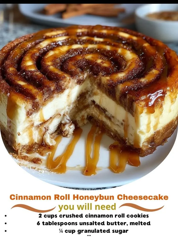 Cinnamon Roll Honeybun Cheesecake topped with swirls of cinnamon and icing.