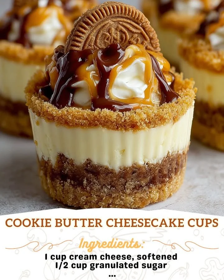 Delicious cookie butter cheesecake cups topped with crumbs and drizzled sauce