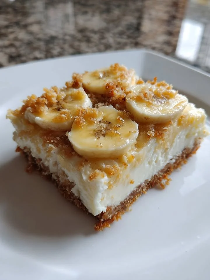 Cottage Cheese Banana Cream Pie Bars with creamy topping and banana slices