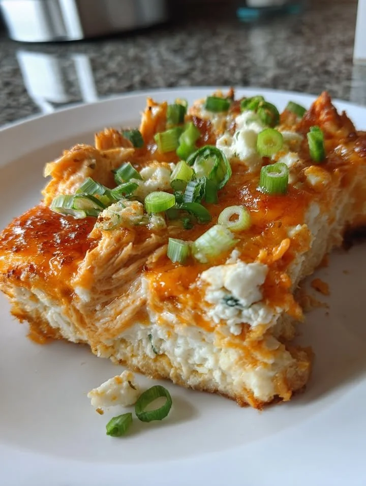 Cottage Cheese Buffalo Chicken Bake topped with cheese and green onions