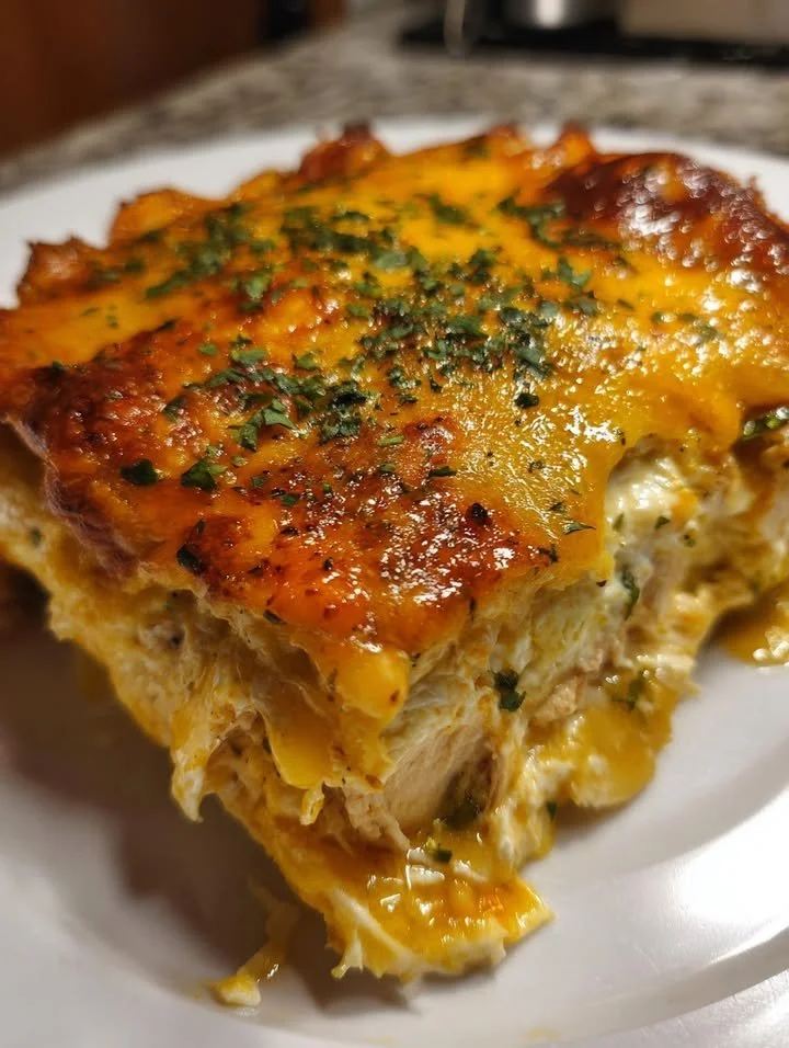 Cottage cheese chicken enchilada bake served on a plate with toppings