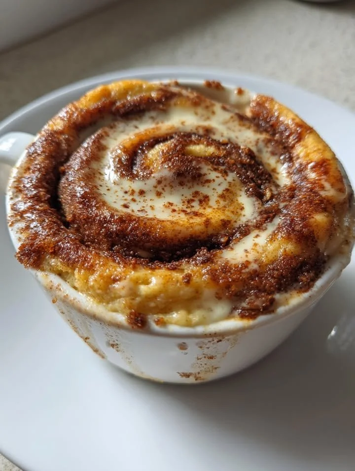 Delicious Cottage Cheese Cinnamon Roll Mug Cake served in a mug