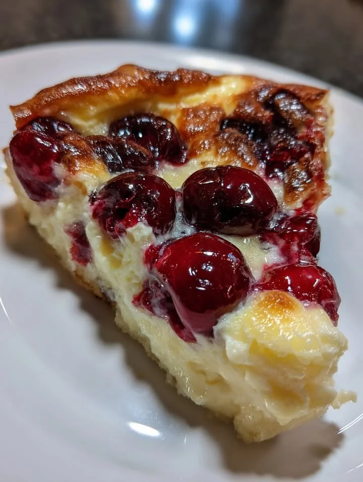 Delicious slice of Cottage Cheese Clafoutis with fresh fruit topping.
