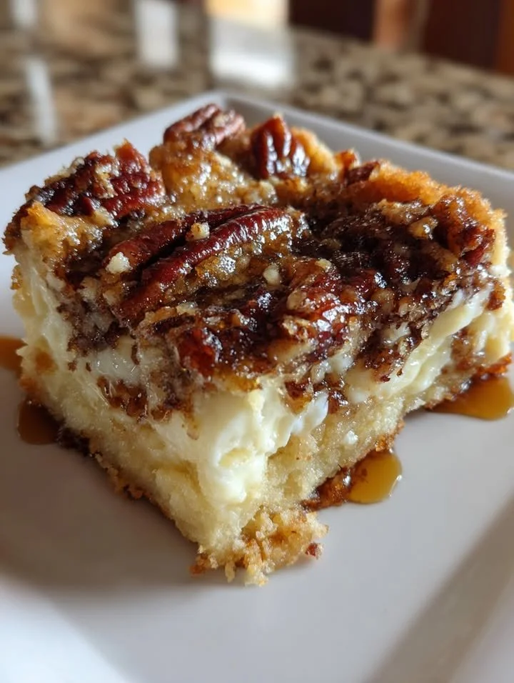 Cottage cheese pecan pie bars served on a white plate with a pecan garnish.
