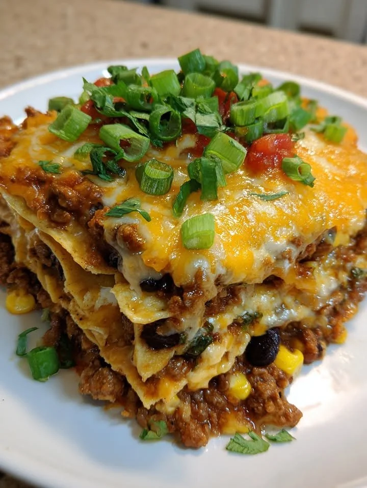 Cottage Cheese Taco Bake in a baked dish with toppings