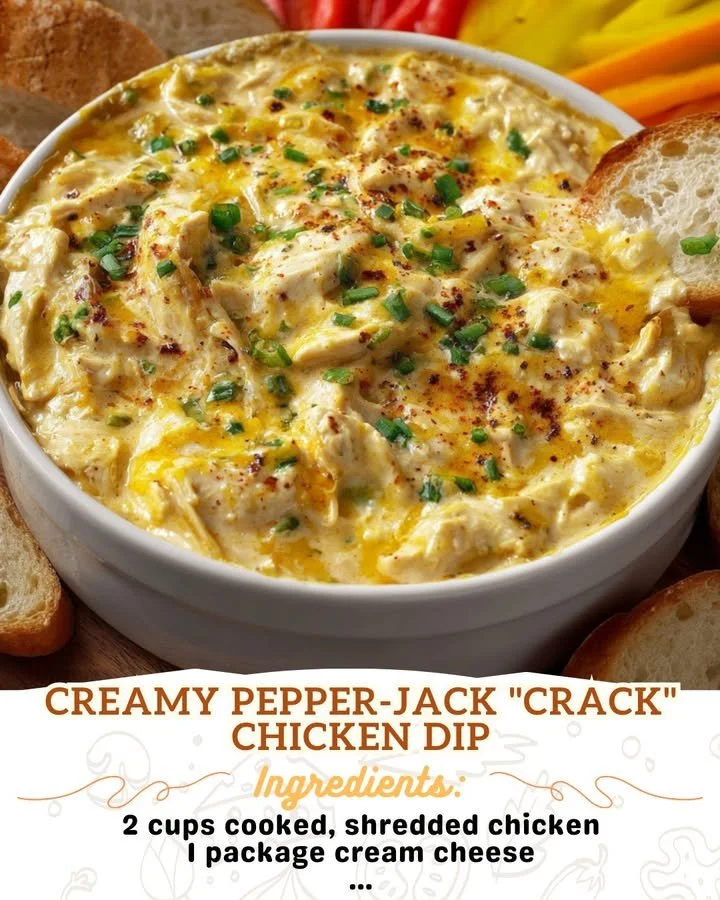 Creamy Pepper-Jack chicken dip served in a bowl with crackers and vegetables