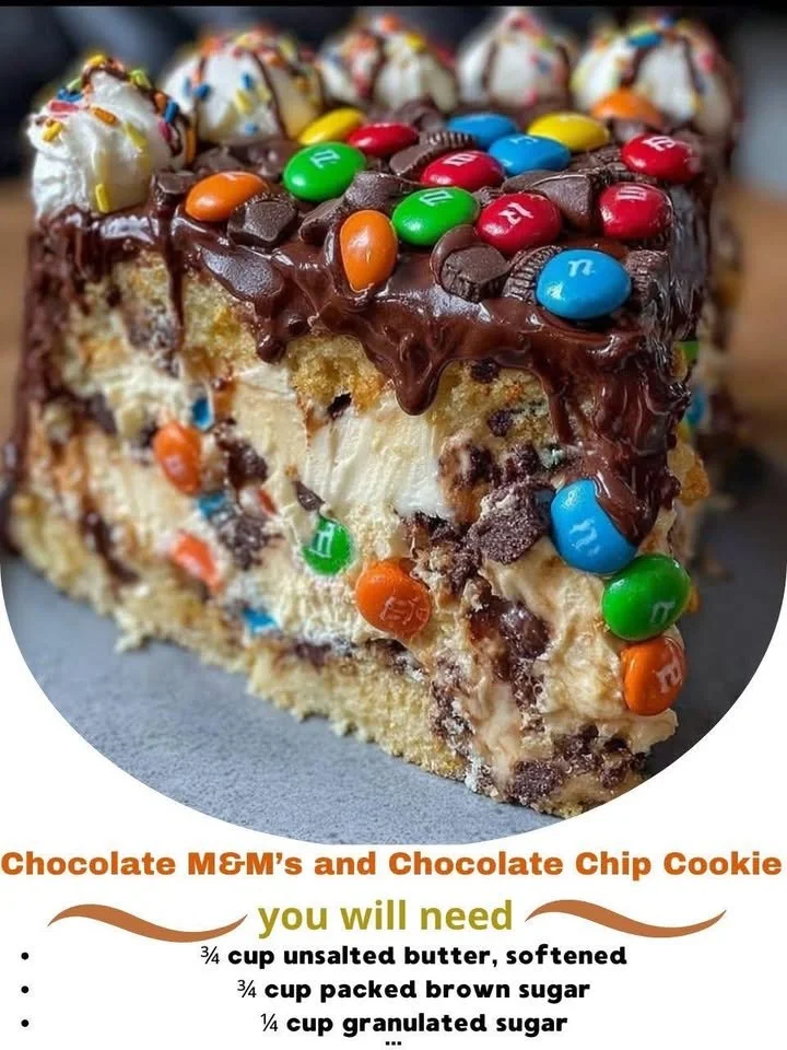 Decadent chocolate ice cream cake with M&M's and chocolate chip cookie dough