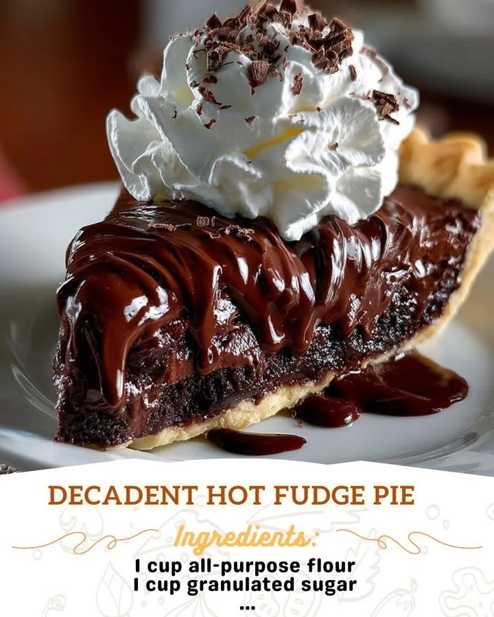 Decadent hot fudge pie topped with whipped cream and chocolate drizzle.