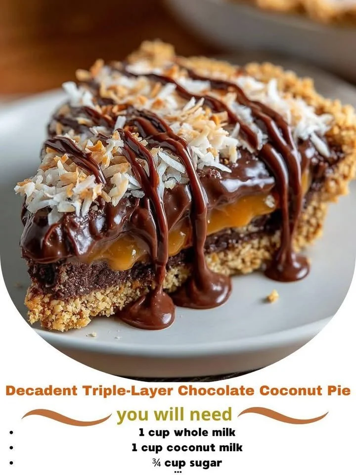 Decadent triple-layer chocolate coconut pie topped with shredded coconut.