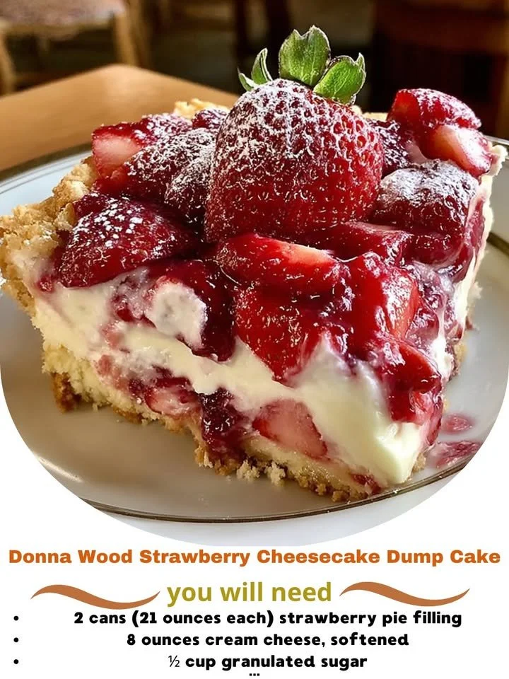 Delicious Donna Wood Strawberry Cheesecake Dump Cake served on a plate