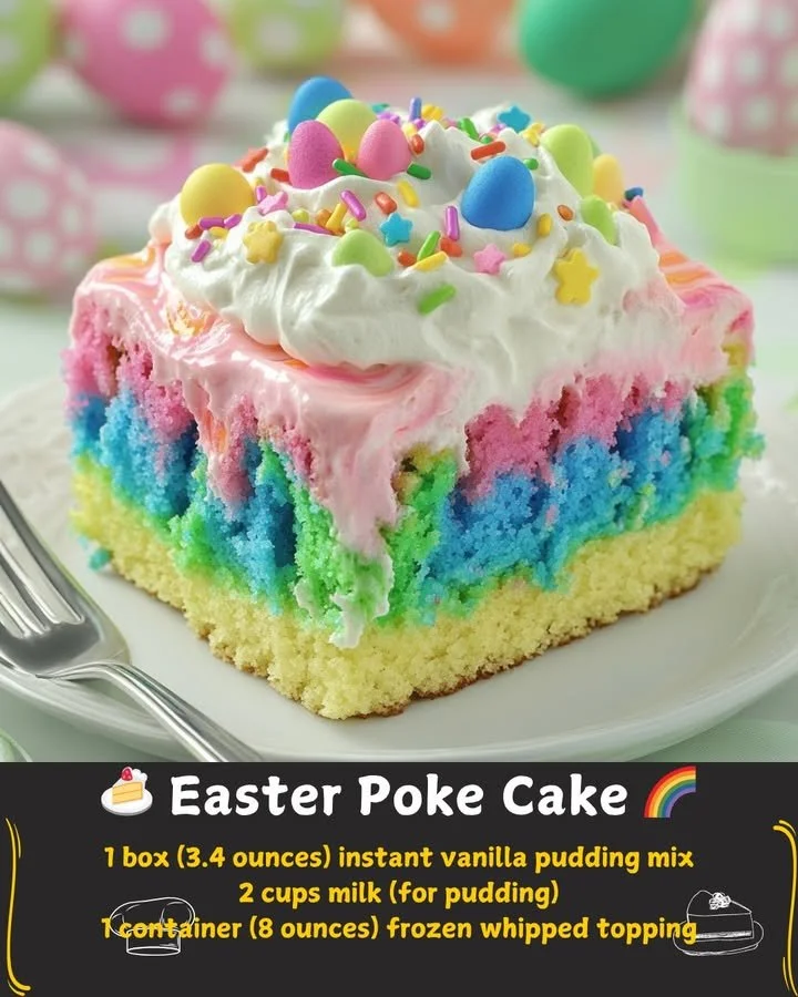 Delicious Easter Poke Cake decorated with pastel colors for the holiday