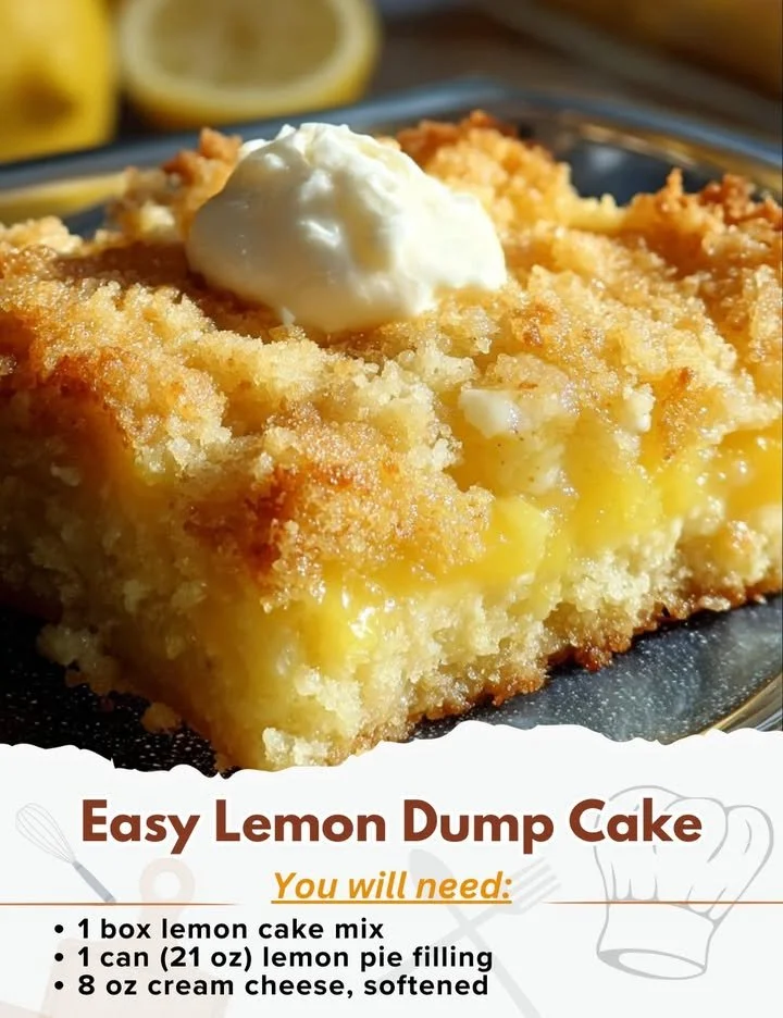 Delicious easy lemon dump cake topped with icing and fresh lemon slices.