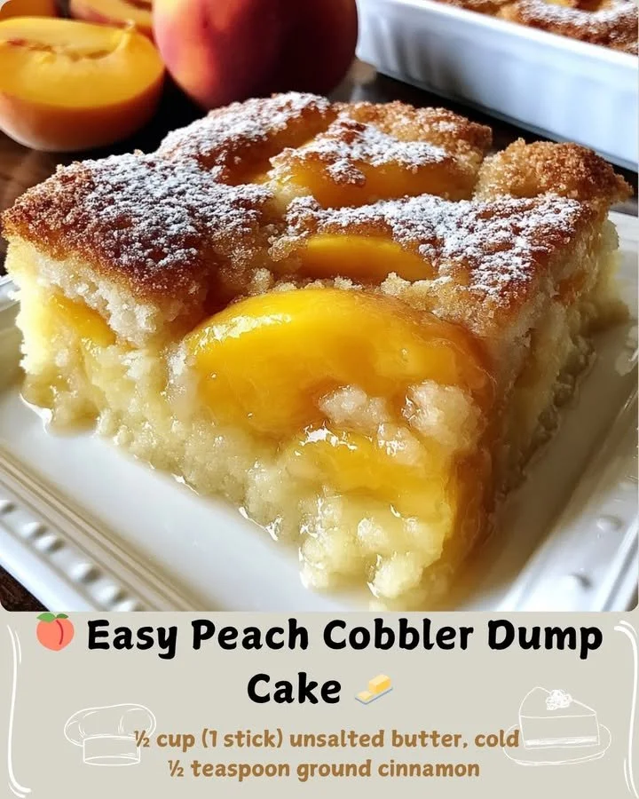 Delicious easy peach cobbler dump cake topped with a scoop of vanilla ice cream
