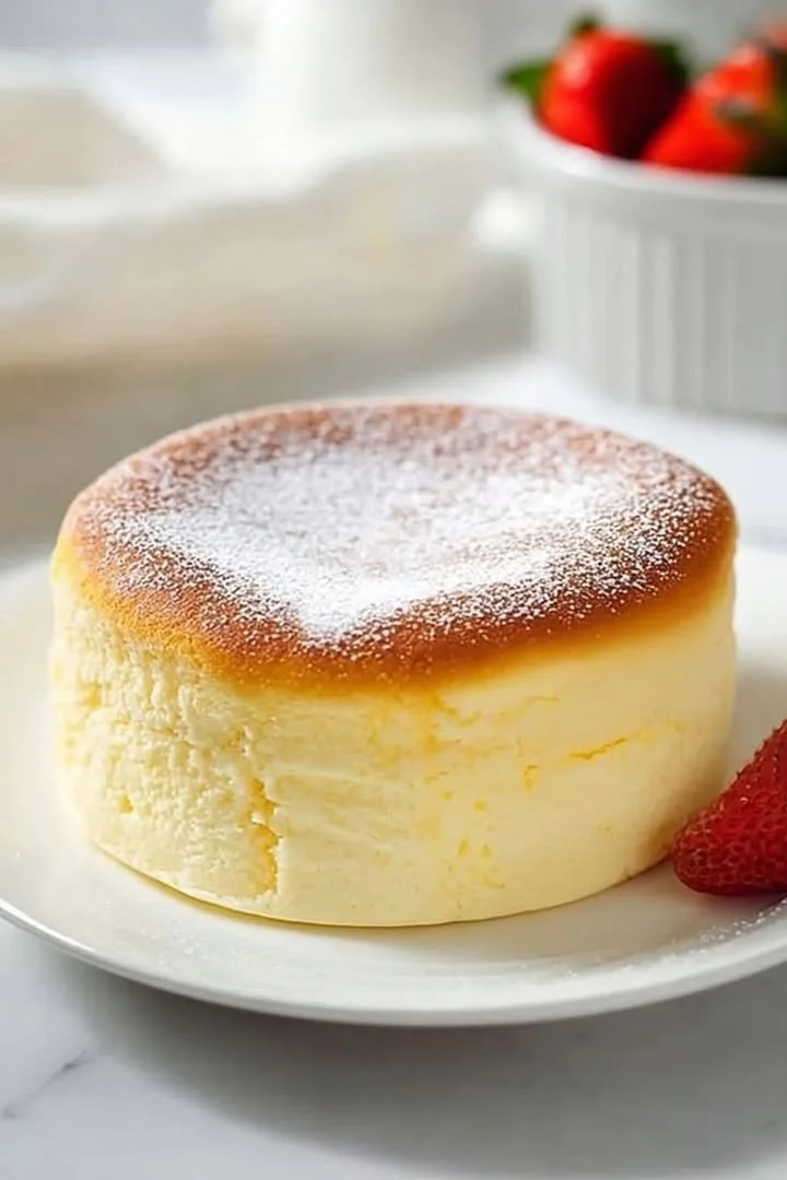 Fluffy Japanese cheesecake topped with fresh fruit on a white plate