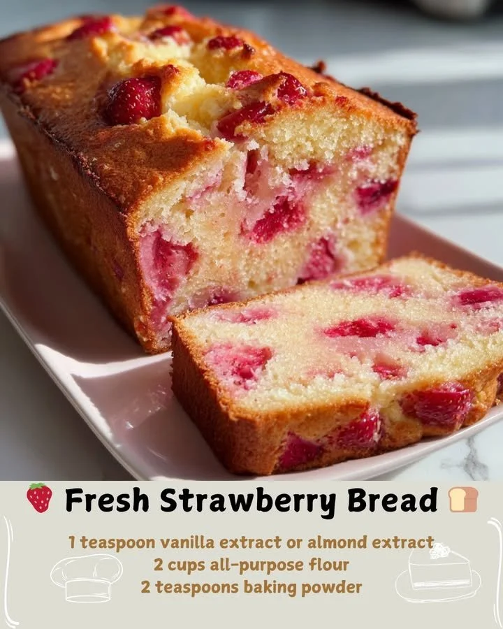 Freshly baked strawberry bread with slices showcasing juicy strawberries.