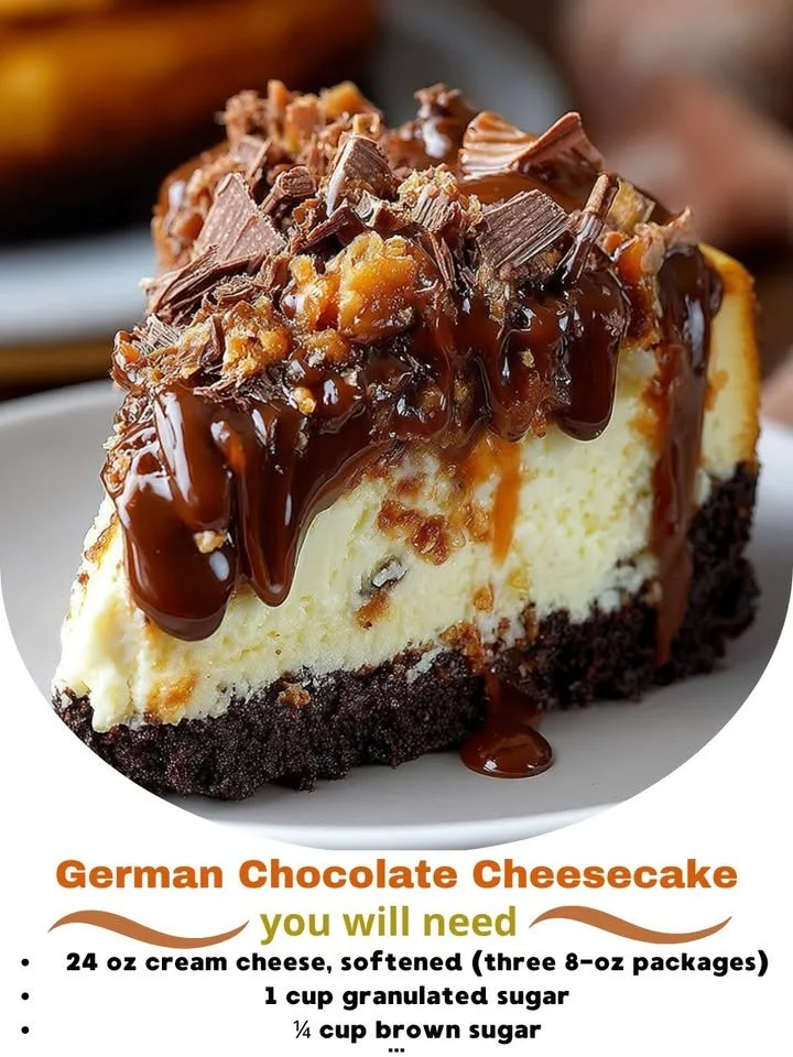 Delicious slice of German Chocolate Cheesecake topped with coconut and pecans.