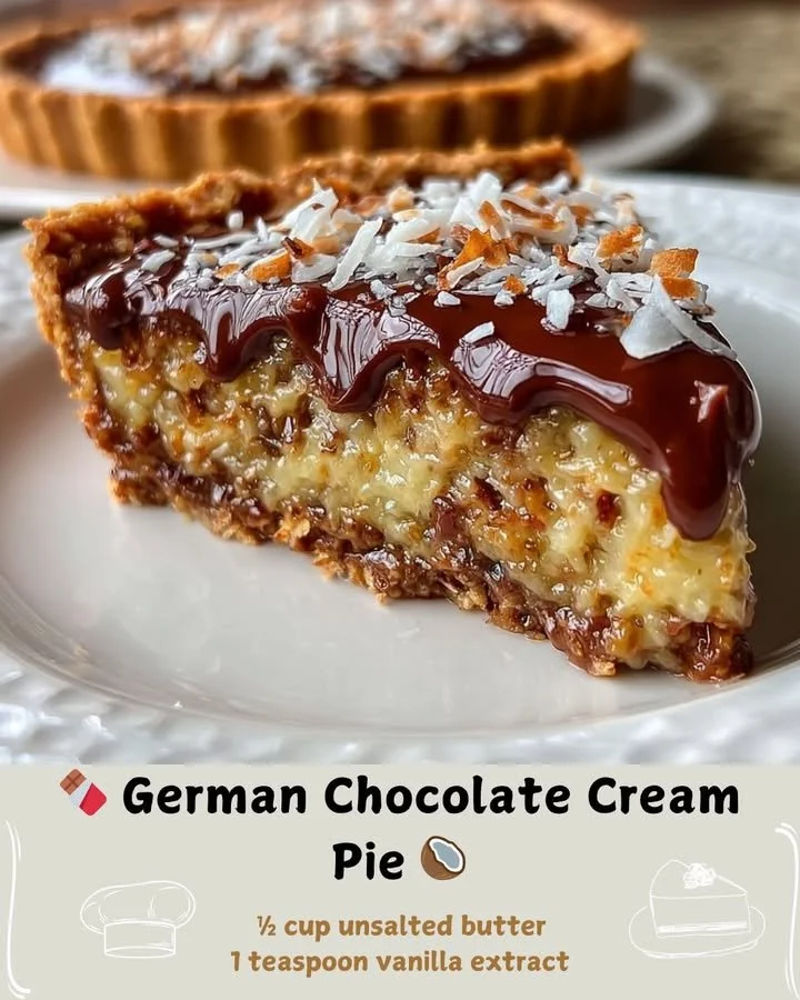 Slice of German Chocolate Cream Pie topped with coconut and pecans