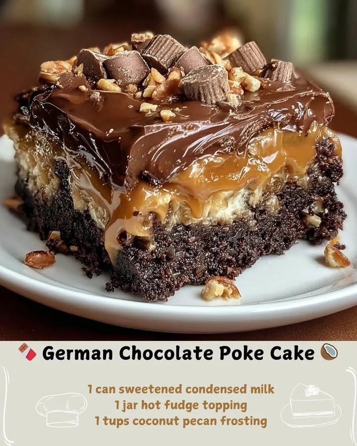 Delicious German Chocolate Poke Cake topped with coconut and pecan frosting.
