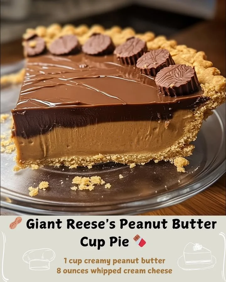 Giant Reese's Peanut Butter Cup Pie topped with chocolate and peanut butter