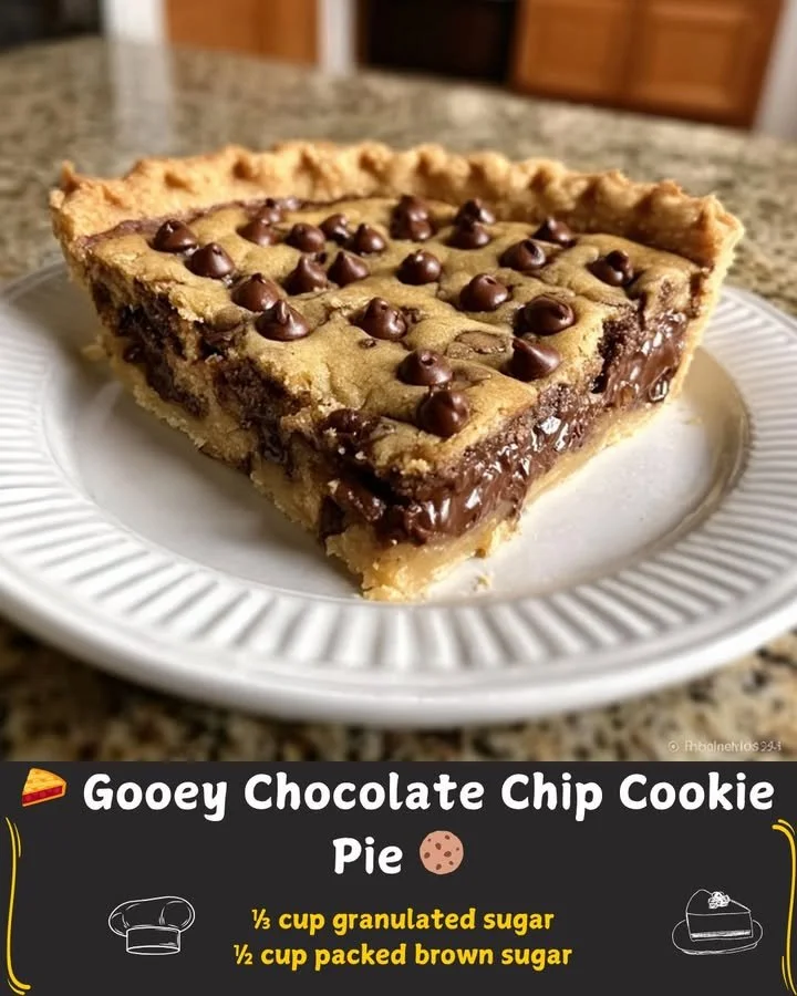 Gooey chocolate chip cookie pie fresh out of the oven, served on a plate.