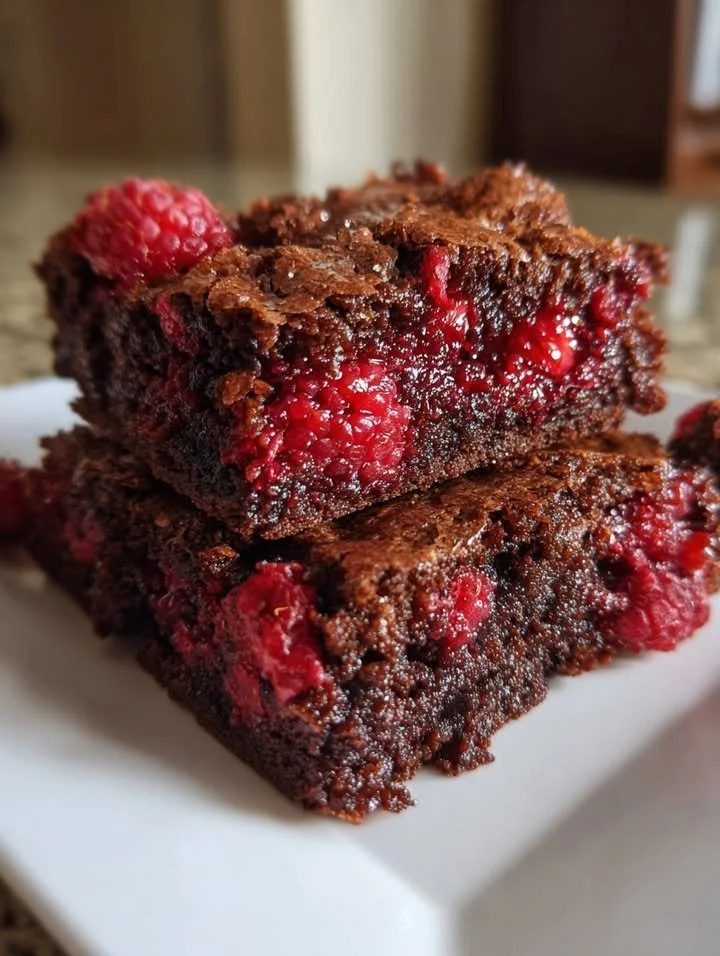 Greek yogurt raspberry brownies topped with fresh raspberries