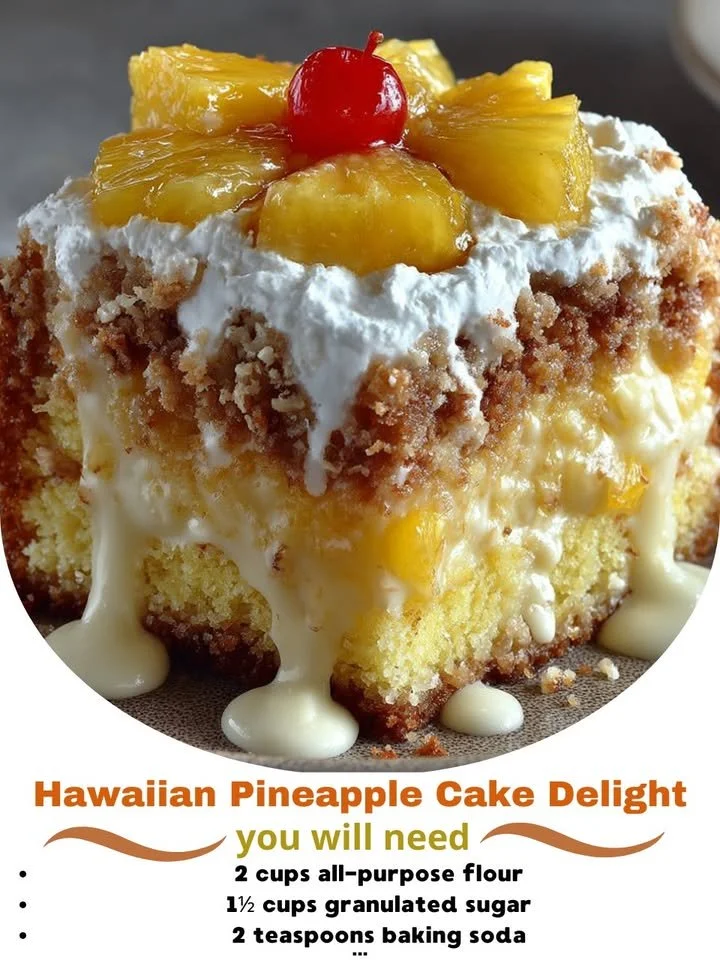 Delicious Hawaiian pineapple cake topped with tropical fruits
