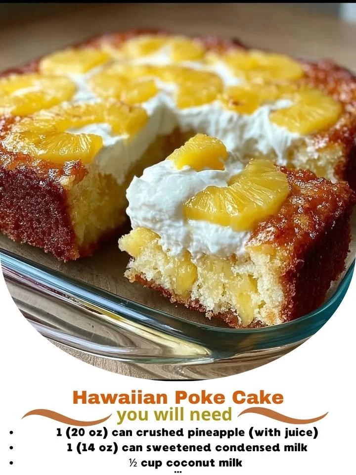 Hawaiian Poke Cake topped with coconut and pineapple for a tropical dessert