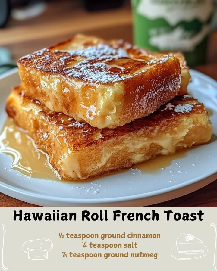 Delicious Hawaiian Roll French Toast served with syrup and fruits.