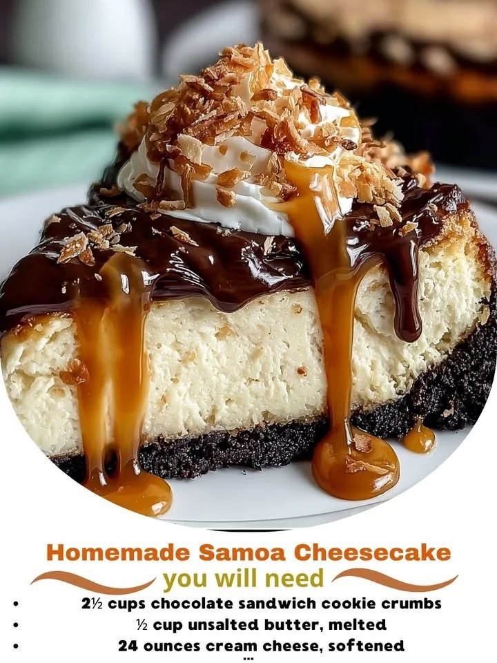 Delicious homemade Samoa cheesecake topped with chocolate, caramel, and coconut.