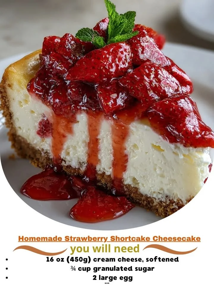 Homemade strawberry shortcake cheesecake with fresh strawberries and whipped cream